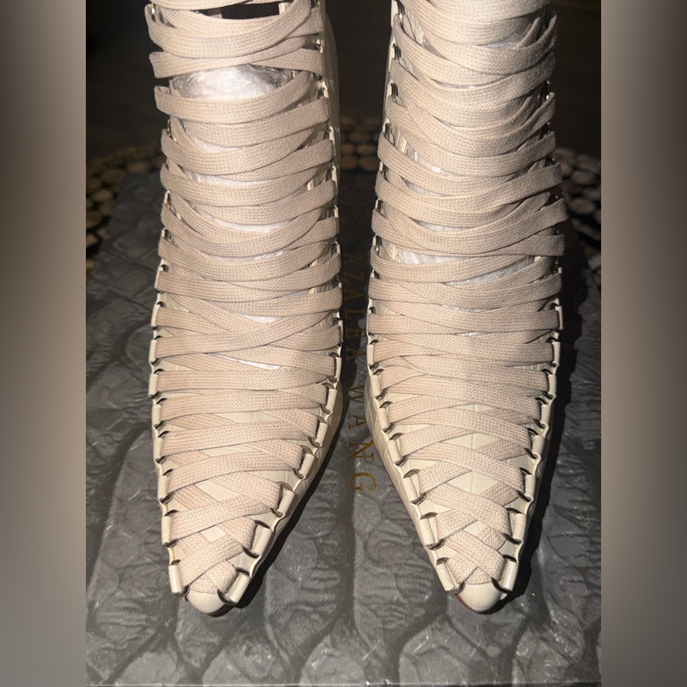 Azalea Wang “Sniper” Croc-Embossed Lace-Up Stiletto Boot in Beige - Picture 2 of 11